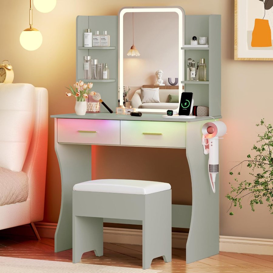 Xixini Vanity Desk with LED Lights Mirror & Power Outlet