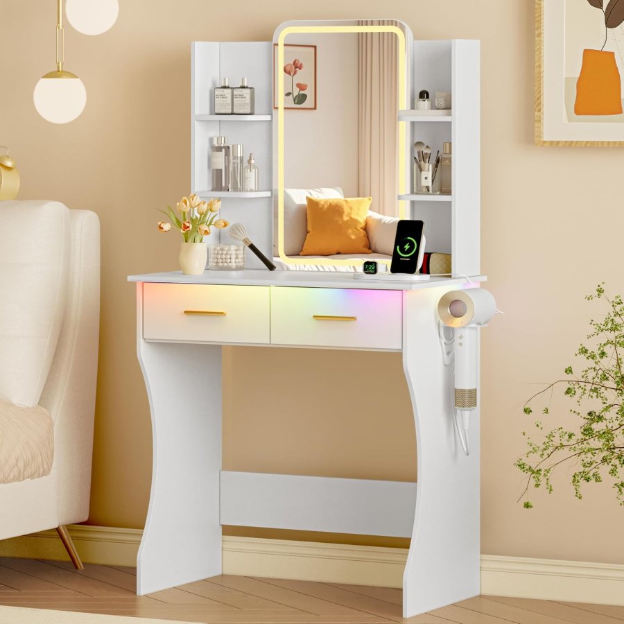 Xixini Vanity Desk with LED Lights Mirror & Power Outlet