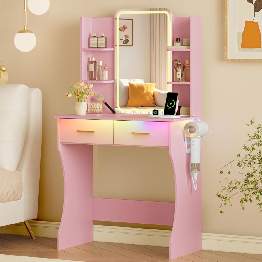 Xixini Vanity Desk with LED Lights Mirror & Power Outlet