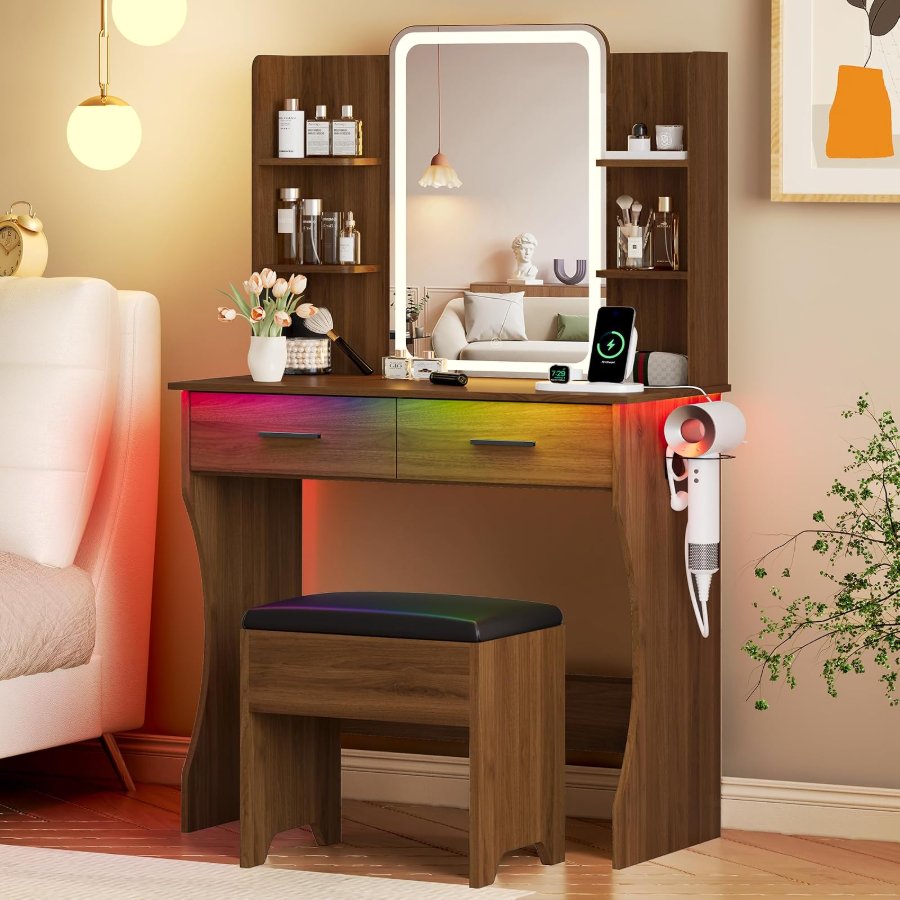 Xixini Vanity Desk with LED Lights Mirror & Power Outlet