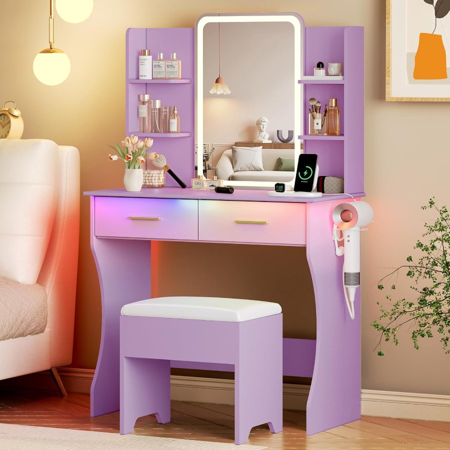 Xixini Vanity Desk with LED Lights Mirror & Power Outlet